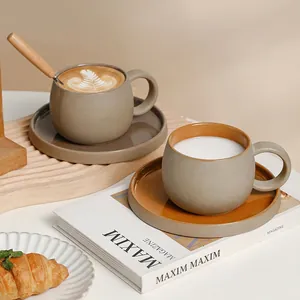Vintage Ceramic Coffee Cup And Saucer Matte Stoneware Breakfast Mug For Afternoon Tea Japanese Style Color Blocking