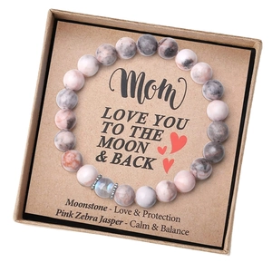 Pink zebra jasper and moonstone beaded bracelet in a Mother's Day kraft gift box