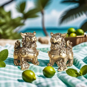 Detailed pair of brass lion statues with traditional carvings on a fresh decorative table