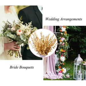 Golden artificial eucalyptus stems used for wedding bouquets and venue arrangements