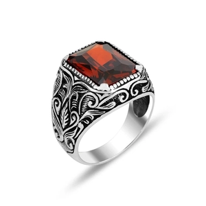 Vintage silver men's ring with square red zircon and intricate side floral carvings