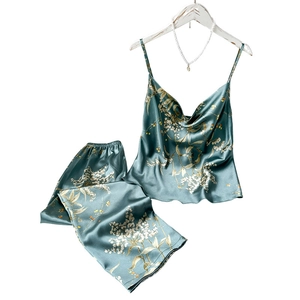 Set pigiama in raso verde scuro da donna con canotta a fiori e pantaloncini abbinati