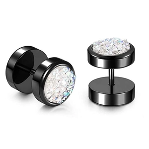 Detail of black dumbbell-shaped stainless steel stud earrings with shimmering inlay