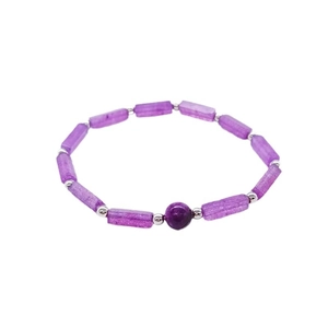 Minimalist purple amethyst faceted bar beaded bracelet with silver spacers on white background