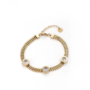 Golden stainless steel chain bracelet featuring round zircon charms with Roman numeral details
