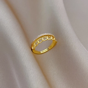Double-layer gold plated open ring with chain link and micro-pave cubic zirconia