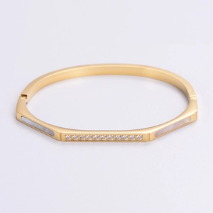 Detailed shot of 304 stainless steel gold bangle with shell inlay and micro-set cubic zirconia