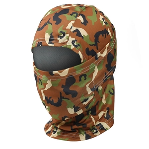 Detail of windproof tactical balaclava with jungle camo pattern and breathable mesh fabric