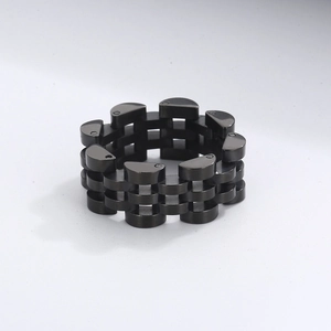 Macro shot of black stainless steel watch band style ring with three-row link design