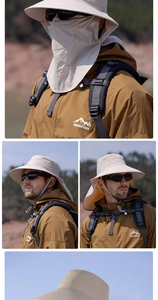 Détails du masque amovible et du protège-nuque sur le chapeau de pêche beige d'extérieur