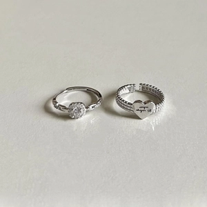 Minimalist 925 sterling silver heart and zircon open rings set with vintage beaded edges