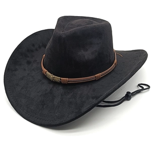 Classic black western cowboy hat with brown braided band and vintage skull metal ornament