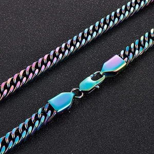 Macro shot of rainbow gradient curb chain necklace with lobster clasp in stainless steel