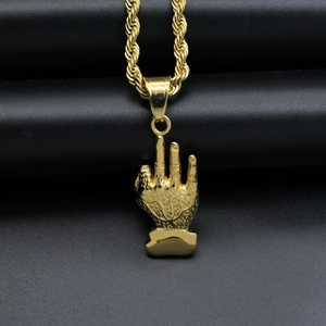 Hip hop 18K gold plated stainless steel necklace featuring a middle finger hand gesture