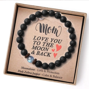 Lava stone and moonstone beaded bracelet with Mom gift card in a display box