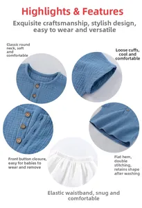 Detail view of cotton gauze kid set showing round collar, wooden buttons and elastic waist