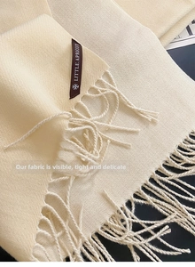 Close-up of beige cashmere shawl fabric texture with fringe detail and woven brand label