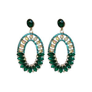 Vintage gold oval drop earrings with emerald green and blue crystals for women
