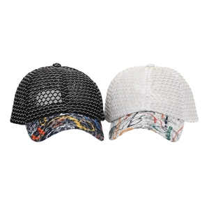 Close-up of breathable mesh fabric and graffiti pattern on baseball cap brim