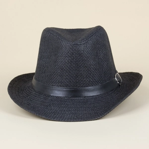 Close-up of black breathable straw jazz hat with leather band and buckle detail