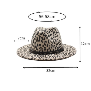 Detailed size chart for beige leopard print fedora hat with 7cm brim and metal rivet belt