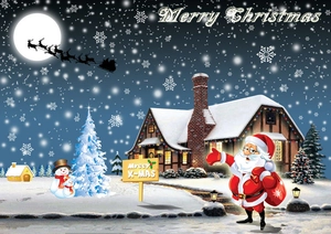 Detailed 3D Christmas card illustration with Santa, snow house, and Merry Christmas text