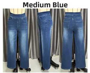 Detailansicht von vorne, hinten und seitlich der Jeans mit hoher Taille in Mittelblau