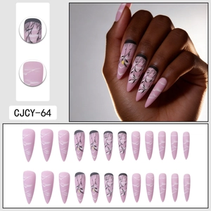 Halloween long stiletto press on nails with pink base, white clouds, and black branch designs