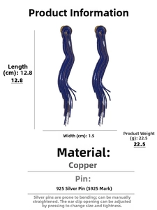 Detail specifications of long blue tassel earrings with S925 silver needles and dimensions