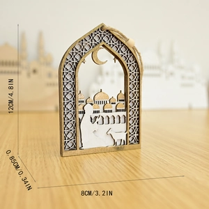 Detail showing laser-cut wooden mosque ornament with dimensions 12cm by 8cm