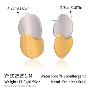 Detail view of two-tone stainless steel oval earrings with dimensions and weight info