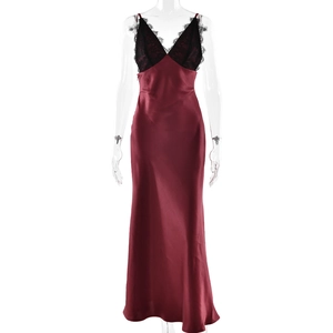 Elegant wine red satin midi dress with black floral lace trim and V-neckline