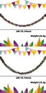2M Mardi Gras tinsel garland detail with weight and length specifications in purple green gold