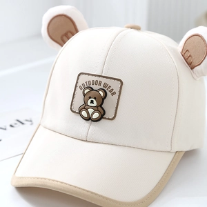 Kids baseball cap with cute bear ears and outdoor wear patch in cream and khaki