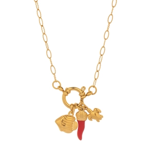 Collana in acciaio inossidabile placcato oro 18K con ciondoli tartaruga e peperoncino rosso