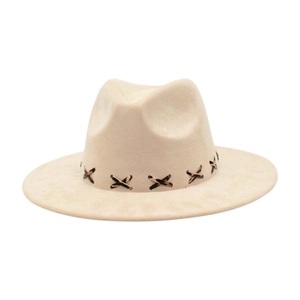 Beige wide brim fedora hat with bohemian hand-stitched decorative band for men and women