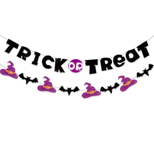 Halloween Trick or Treat banner set with black bats and purple wizard hats decorations