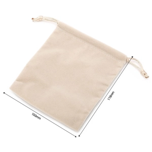 Detailed size specifications for beige velvet drawstring pouch showing 100mm by 118mm