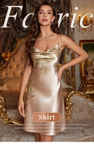Detailed view of champagne satin nightdress with floral print and elegant cowl neckline
