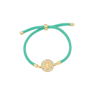 Adjustable mint green woven bracelet with 18K gold plated Virgin Mary medal and zircons