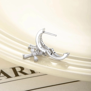 Silver cross pendant earring with zircon stones in a minimalist stainless steel style