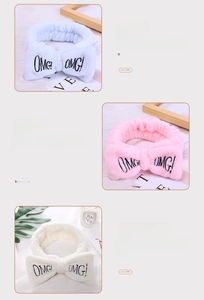 Close-up of OMG letter embroidery and thick coral fleece texture on facial headbands