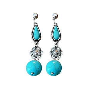 Vintage turquoise drop earrings with silver flower patterns and retro ethnic tassels