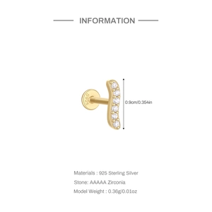 Detail of s925 silver flat back labret with 5 graduated AAAAA cubic zirconia stones