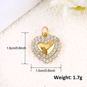 Detailed view of 18k gold plated heart pendant with zircon inlay and size dimensions