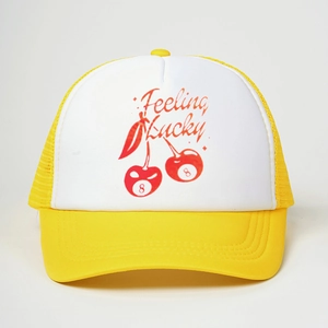 Yellow and white Feeling Lucky cherry trucker hat with mesh back and adjustable fit
