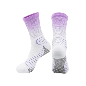 White basketball socks with purple gradient and thick towel bottom for sport performance