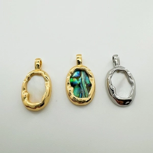 Detail showing irregular oval pendants with 18K gold plating and natural abalone shell