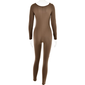 Rear view of brown high-elastic long sleeve bodysuit featuring a deep U-neck and slim fit cut