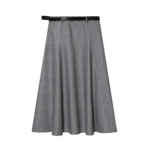 Women's houndstooth midi skirt with high waist design and black belt on white background